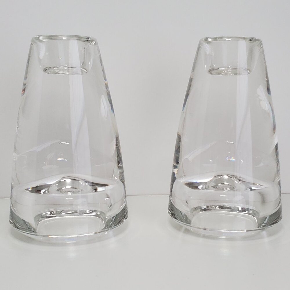 Pair of Crate & Barrel Duo Tall Candle Holders Glass Reversible Taper or Votive